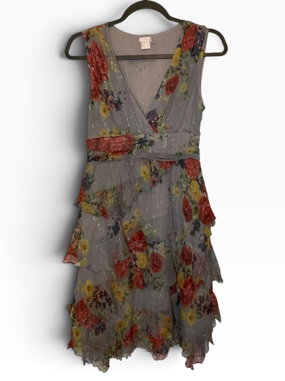 Vintage Nolita Metallic Floral Tiered Ruffle Dress M